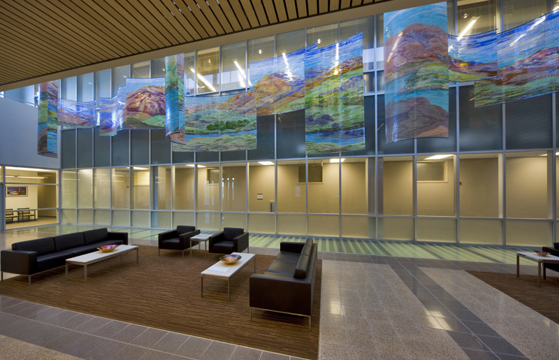 
        The 11 sections of "Outside, Inside" span the 65' long entry corridor lobby to the public area of this 5 story laboratory.        