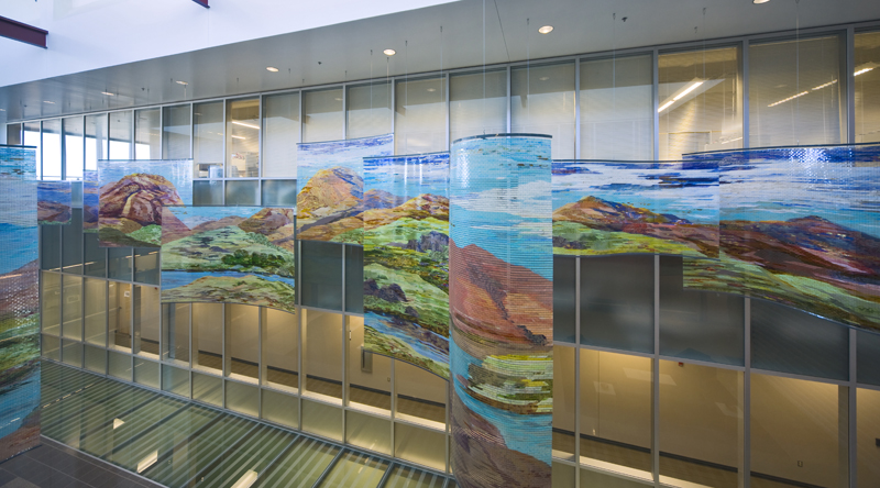 
        Varying perspectives can be seen from the glass enclosed lab offices on the second floor.        