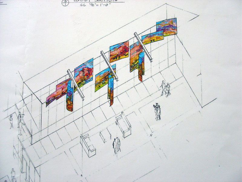 
        From a nationally advertised Public Art Competition from  the state of New Mexico, I developed my idea of what would work in their new space. As one of 5 finalists, I created this Isometric drawing of my concept. I worked entirely from this small to-scale drawing for the entire process.        